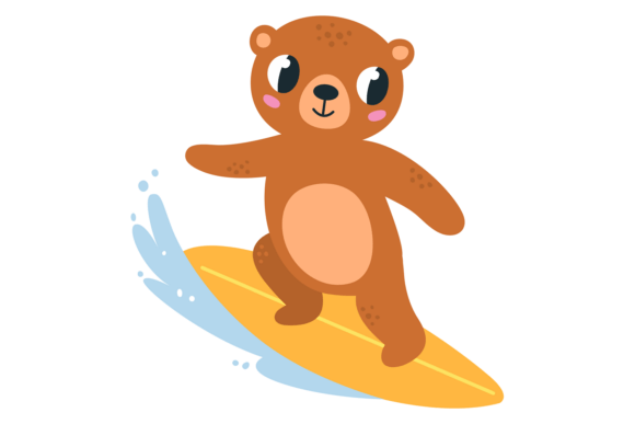 Bear on Surfboard. Cute Animal Ocean Spo