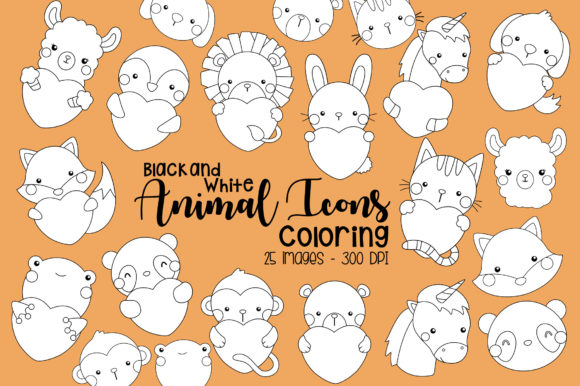 Black and White Coloring Animal Icons: Graphics & Illustrations