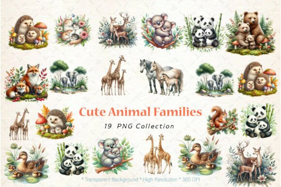 Cute Animal Families Watercolor Clipart: Graphics & Illustrations for Warm Editorial Design