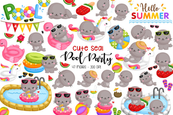 Cute Animal Seal Pool Party Clipart: Graphics & Illustrations