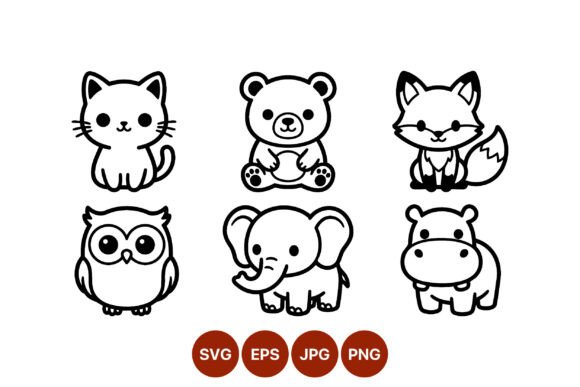 Cute Black and White Animal Line Art Set: Graphics & Illustrations