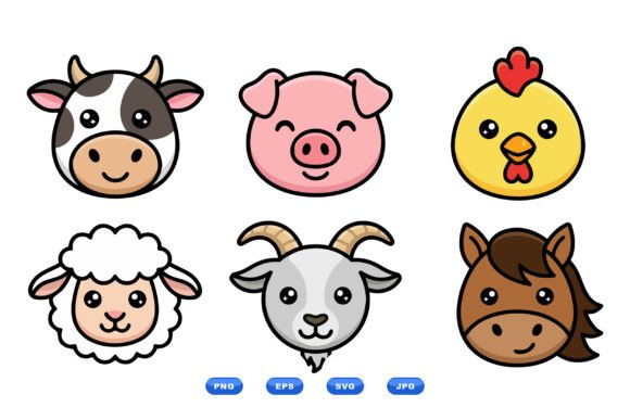 Cute Farm Animal Faces Clipart: Graphics & Illustrations