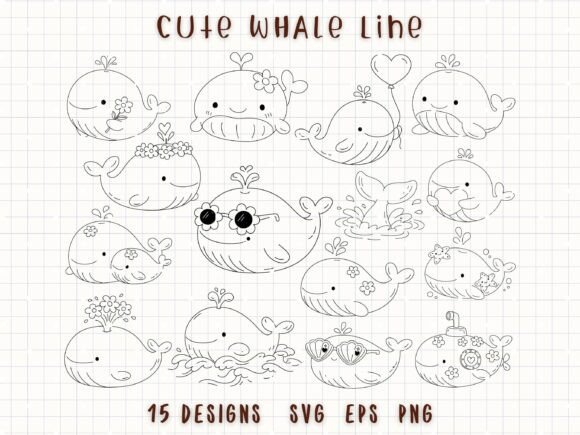 Cute Whale Doodle Kawaii Ocean Animal Graphics & Illustrations