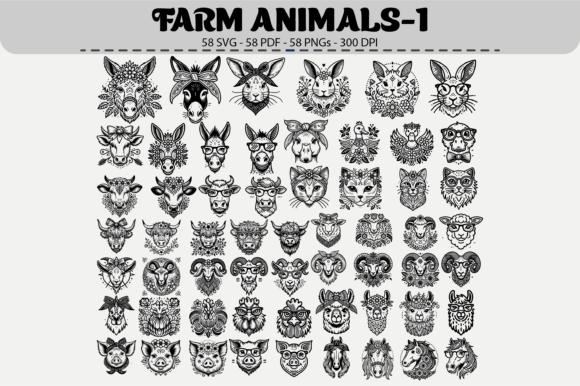 Farm Animal Faces – 58 Designs: Graphics & Illustrations