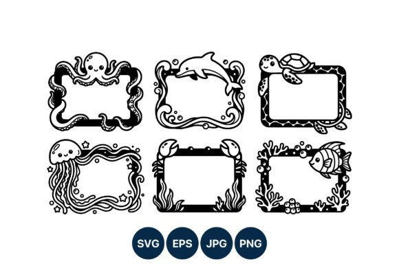 Marine Animal Frames Black White Vector Graphics