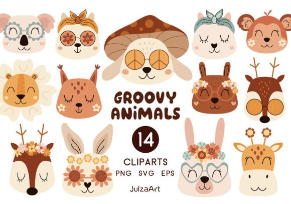 Retro Animal Clipart: Groovy Animal Face Graphics & Illustrations