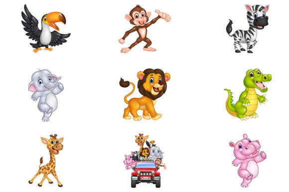 Set of Nine Jungle Animal Driving Car Graphics