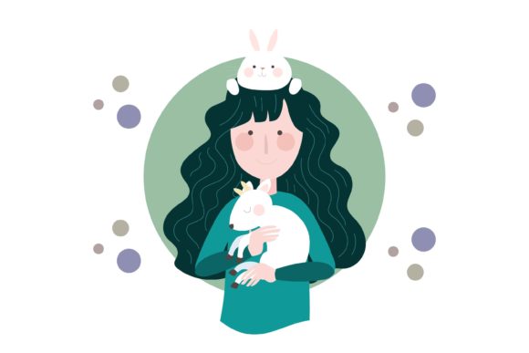 Woman Long Hair with Cute Animal Graphics & Illustrations